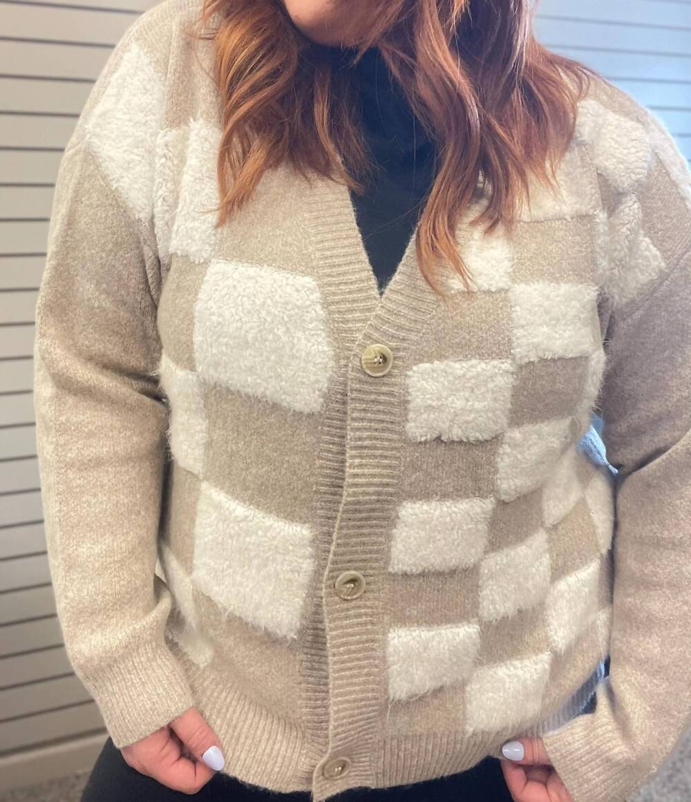 NEW ADORA button down puff checker sweater cardigan in beige, white